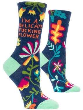 Blue Q- Navy Floral Statement Crew Socks - "I'm A Delicate Fucking Flower"